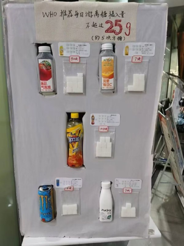北医学校食堂做的饮料含糖指示牌（第一张被扣掉的是外星人电解质水）北医学校食堂做的饮料含糖指示牌（第一张被扣掉的是外星人电解质水）