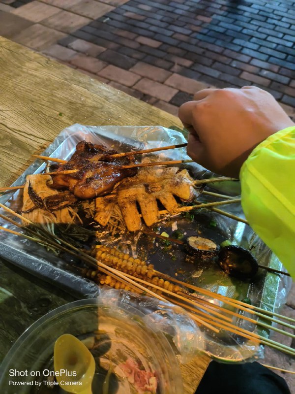 这天气吃个烧烤吃着吃着下雨了旁边桌的人淋跑了老板也淋跑了只有我去摩托车上面把雨衣拿出来穿着雨衣继续吃我大抵就是个吃货了吧