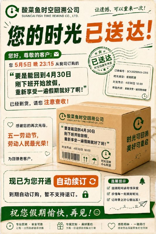 您好，我是时空回溯公司的员工，您5月5日晚23:15从我司订购的“要是能回到4月30日刚下班开始放假，重新享受一遍假期就好了啊！”已经到货，请您注意查收